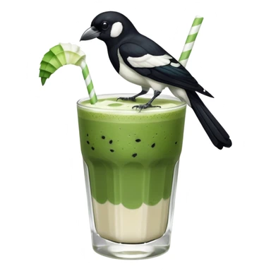  ONE Australien Magpie (just black and white feathers) sitting on an iced matcha latte on the edge of the glass. It has green matcha on its beak indicating it drank. The iced matxha latte is in a see through glass and white from the oat milk on the bottom and green on top… one straw and ice cubes sticker