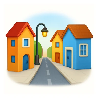 emoji of a small cozy street scene — a narrow road with a sidewalk, a few colorful buildings on the sides, and a streetlight. Soft daylight, clean design, minimal background, cheerful and detailed Apple emoji style sticker