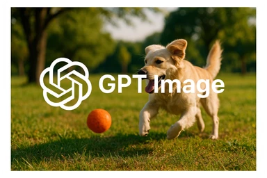 logo of chat gpt with text "GPT Image" on the background of a dog chasing ball, realistic image sticker