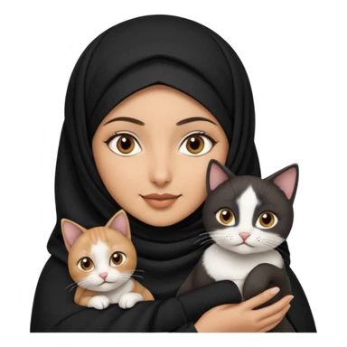 A Arabic woman human with brown eyes and black hijab. , the human is a human, she carry two cat is black and white and the other cath is black and white,,  NO EARS ON THE HUMAN ,  sticker