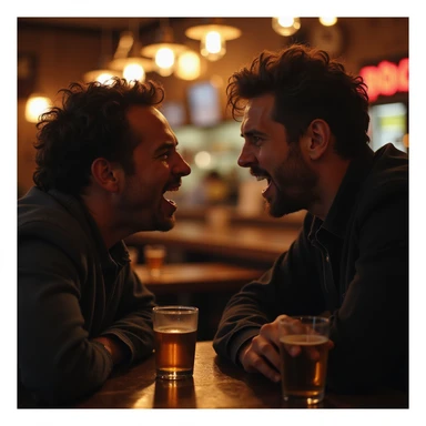 Two friends arguing animatedly in a bar, angry faces, tense atmosphere, hyperrealistic details, 4K resolution sticker