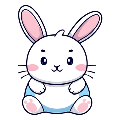 A chubby bunny character in exact Sanrio style like Kuromi and Cinnamoroll, ultra cute, super simplified kawaii design, oversized head on tiny body, rosy cheeks, small dot eyes, simple bow, pastel pink and soft blue colors, pure white face, thick black outline sticker