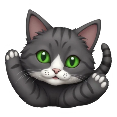 solid dark grey cat with green eyes, completely solid grey face, white toes/paws playing rolling upside down sticker