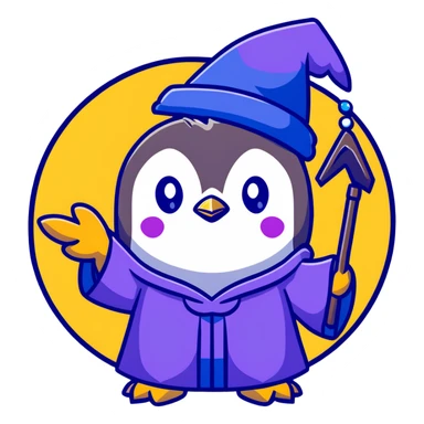 a cute penguin wearing a purple wizard robe and blue wizard hat, casting a spell sticker