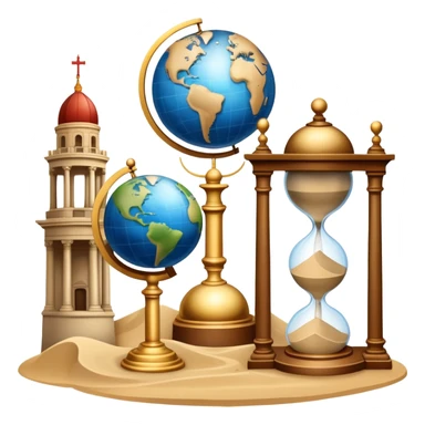 icon featuring ancient scrolls, quill pen, and a globe, with famous historical landmarks and monuments in the background. Large, antique sand clocks with sand pouring out represent the passage of time. Historical figures are depicted as statues. Transparent background. sticker