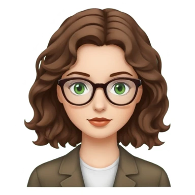 White girl with medium length brown wavy hair, glasses, and green eyes sticker