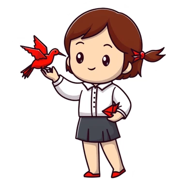 Happy Ukrainian young girl with brown hair in a white embroidered shirt holds an origami red crane sticker