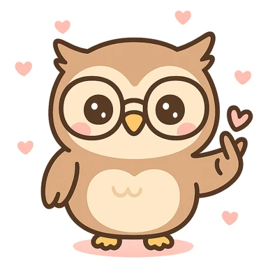 a wise owl with glasses, smiling and holding up the saranghae sign with its wing, cute cartoon style sticker