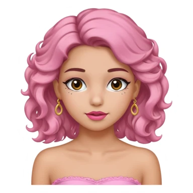 crée moi une jeune fille très belle avec les cheveux bouclés long brune avec un top  sans manche ni brettelles juste un 'bandeau' de couleur rose clair avec un peu de maquillage et des beaux et long  cils un collier en or sticker