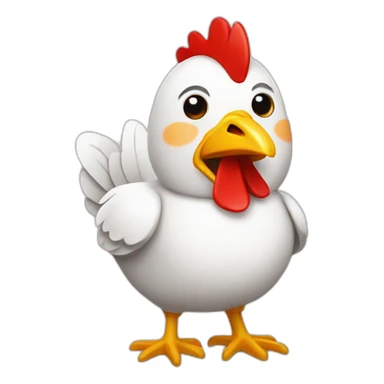 chicken wearing a white shirt with a red diagonal band sticker