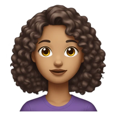 young-women,dark-long-brown-curly-hair,using-purple-tshirt,holding-a-kitty sticker