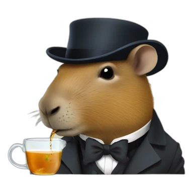 A capybara in profile with a bowler hat and a monocle is drinking tea sticker