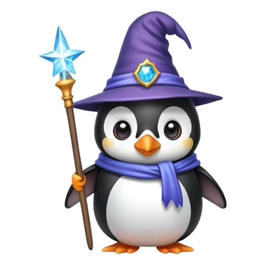 A cute penguin wearing a wizard hat and holding a magic wand sticker