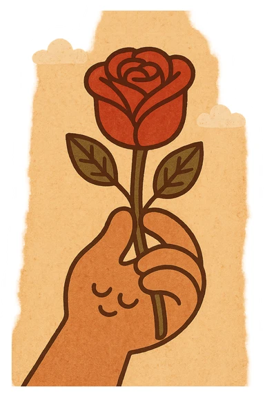 A flat illustration of a hand holding a red rose, minimalist vector style, cartoon-like, 2D design, no shadows, soft pastel colors, clean lines, emoji aesthetic sticker