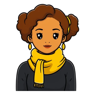 boho girl with brown skin, long curly brown hair tied high, lemon yellow scarf, round earrings sticker