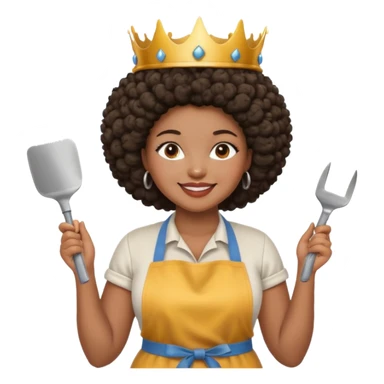 Mujer curvy afro, con vestimenta cómoda y delantal,con una corona sobre su cabeza y sonrisa contagiosa. En la mano herramientas de trabajo pesado sticker