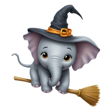 Baby ele flying on a broom with a witch hat sticker