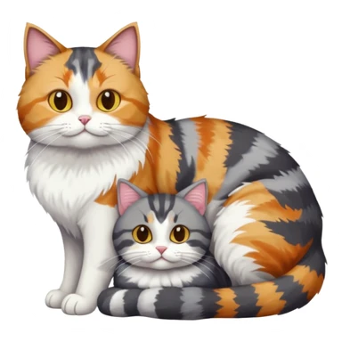 full body colourful light patched calico + white tabby cat cuddling a big dark grey and white tabby cat  sticker