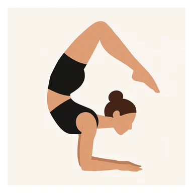Minimalist flat vector illustration of a woman doing yoga (Vrischikasana), wearing sportswear (black top and black shorts), brown hair in a bun, clean white background, no face details, elegant style sticker