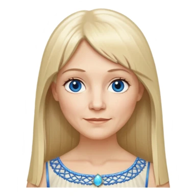 50 yr old white woman, hippie parted very long hair, short bangs, very long straight blond hair, oval face, small smile, blue eyes, thin face, hair downback, hair parted at center of head, round cheeks, pale, longer hair, white evening dress sticker