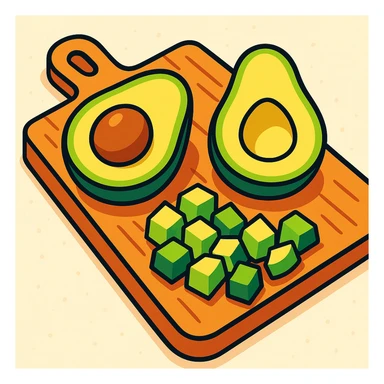 chopped avocados on a cutting board, vibrant cartoon style, vivid colors, light background, no text sticker