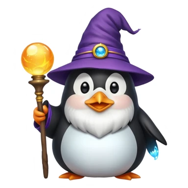 chubby penguin wizard with a long beard, holding a glowing orb, emoji style sticker