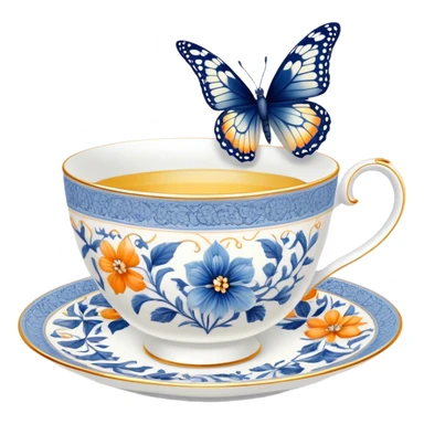 A delicate butterfly with navy wings, resting on the edge of a perl porcelain teacup adorned with intricate pastel blue floral patterns. sticker