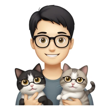 Young man with warm yellow-toned skin, long face, black back-length hair, large eyes, thin-rimmed square glasses, smiling gently while holding a grayish-white Munchkin cat with short legs and a gray patch under its mouth sticker