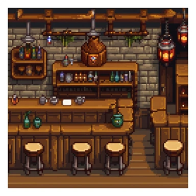 fantasy tavern interior with bar counter, stools, tables, and fantasy creatures enjoying drinks sticker