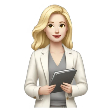 pale skin woman with blonde Straightened Hair to shoulders, White classical jacket, Gray Palazzo pants holding a color palette in the hands sticker