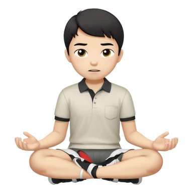 A cartoon young Asian boy with short black hair, light beige skin, and large expressive eyes, wearing a white polo shirt, gray pants, and black shoes. He sits cross-legged on the ground, one fist resting on his cheek, with a closed-mouth smirk. Clean lines, flat colors, solid black background. sticker