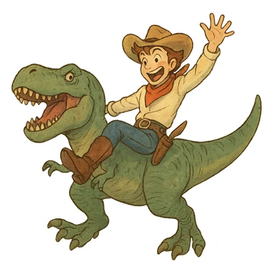 energetic and whimsical cowboy sliding down a t-rex sticker