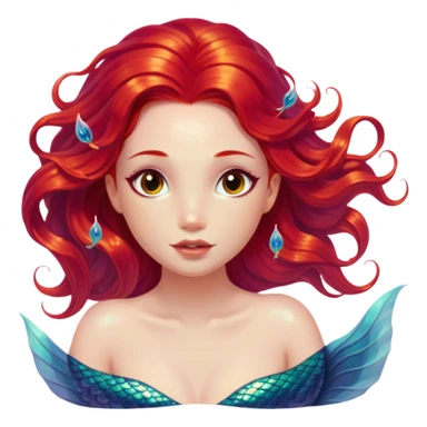 Cinematic Realistic Red Hair Mermaid Portrait, depicted with lifelike porcelain white skin that glows with an ethereal radiance, enhanced by soft underwater lighting. Her intricately detailed, flowing red hair cascades like liquid fire, framing deep, soulful eyes that mirror the mysteries of the deep sea. Accented by shimmering, iridescent scales and delicate aquatic embellishments, the portrait features an enchanting underwater glow that marries realism with mythic ocean elegance. sticker