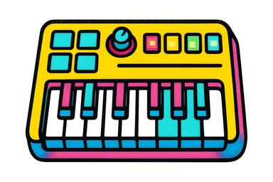A MIDI keyboard in Pop Colors style, with a modern twist, sleek design, glowing buttons, and a mix of pastel and neon colors. sticker