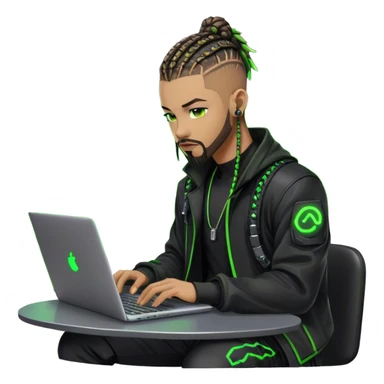 Light skinned African American male with green eyes as a cyberpunk hacker with cornrows hairstyle but short cornrows  with goatee facial hair  coding on laptop  sticker