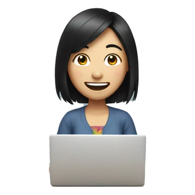 asian girl with black hair at a computer laughing sticker