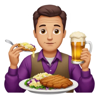 German man eating schnitzel, potato salad, red cabbage, sauerkraut, and beer sticker