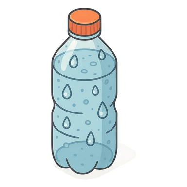 bottle of water with drops on surface, 2D isometric style, highly detailed drawing, shadows and highlights, clean contours, soft lighting, transparent background sticker