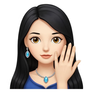 Woman with long black hair and engagement ring sticker