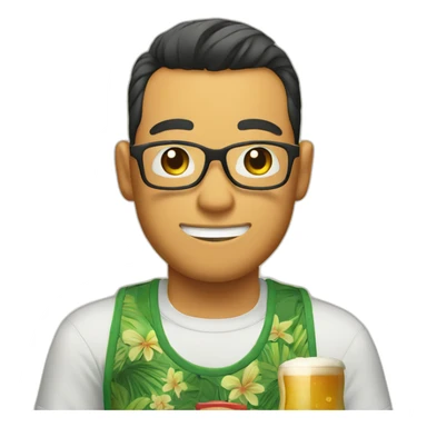 Japanese wearing glasses alohashirt is holding beer sticker