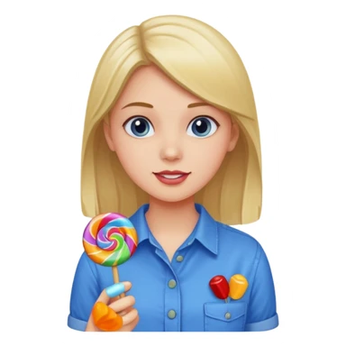 girl in a blue button-up shirt loving candy sticker