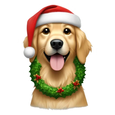Golden retriever wearing a Christmas wreath around neck and Santa hat sticker