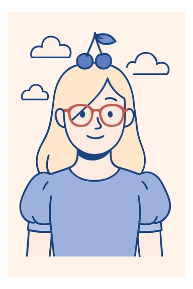 Add puffy sleeves to the woman's baby blue shirt, maintaining the clean modern illustration style with soft, smooth lines and subtle shading. sticker