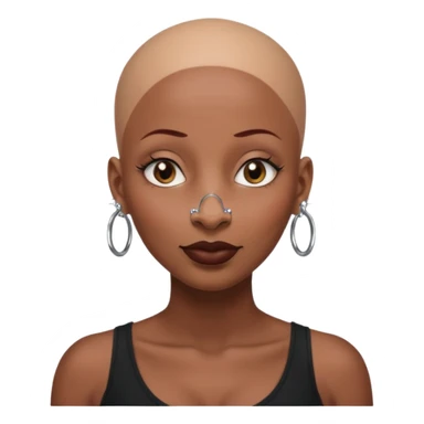 Grown black (proud) woman, bald with a perfect head, a prominent nose with a septum piercing, many piercings on her ears, a gap between her front teeth and very long nails sticker