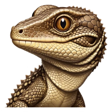 Cinematic Comical brown camo spotted monitor Lizard Portrait Emoji, Head tilted dramatically with an exaggeratedly shocked expression, featuring a robust, patterned body with wide, comically expressive eyes full of humorous disbelief, Simplified yet hilariously expressive features, highly detailed, glowing with a slightly sassy glow, high shine, dramatic yet playful, stylized with an air of quirky reptilian attitude, soft glowing outline, capturing the essence of a meme-worthy brown camo spotted monitor lizard that looks ready to side-eye its way into viral fame! sticker