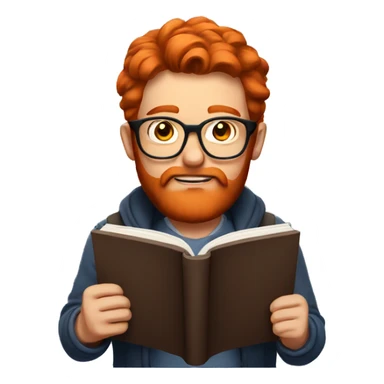 A man with red hair and a red beard with glasses reading a book sticker