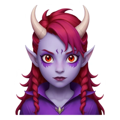 Demon Girl Purple Skin Dragon Horns Black Eyes Red Glowing Pupils Auburn Haired Red Shirt  sticker