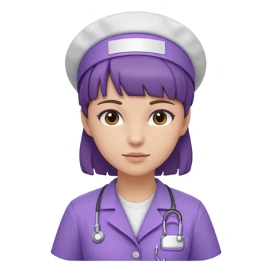 A young female slim nurse with short Brown hair with fringe over her forehead, wearing larvendar purple working cloth only no cap on her hair sticker