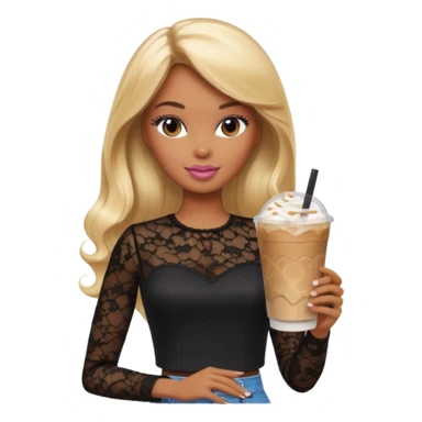 brown skin blonde barbie wearing black lace shirt with iced latte sticker