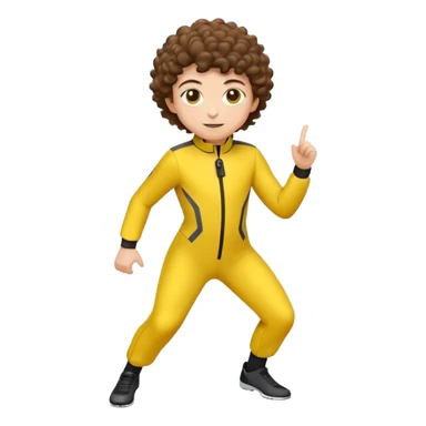 Create a high-quality emoji-style illustration of Alex from Totally Spies. She should have short curly brown hair, a bright yellow spy suit, and an energetic, sporty expression. The style should be minimalistic and cartoonish, resembling classic emoji designs sticker